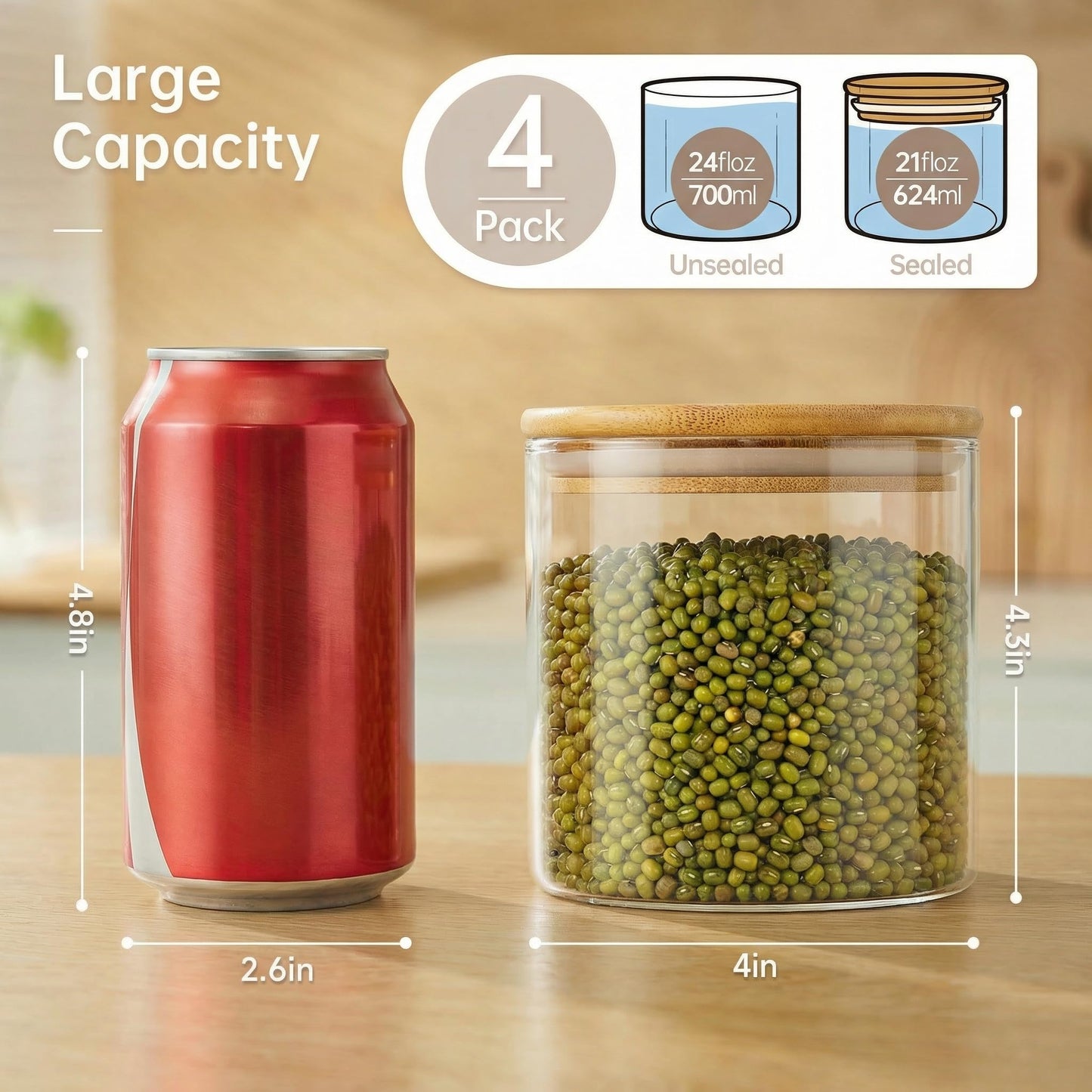 HomArtist 21oz - 4 Pack Glass Jars with Bamboo Lids, Glass Food Storage Containers with Airtight Lids, Air Tight Pantry Storage Containers for Coffee, Sugar, Spice, Meal Prep Jars for Salad & Fruit