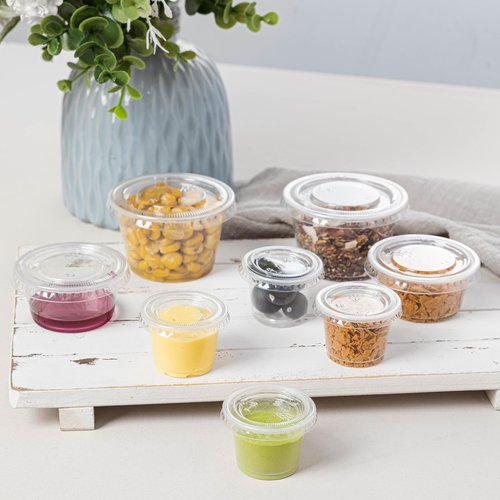 HOMIP 300Pack 4oz Disposable Plastic Portion Cups with Lids, Small Mini Sauce Cups for Portion Control, Salad Dressing Cups, Airtight and Stackable Condiment Cups for Party, Holiday and Daily Use