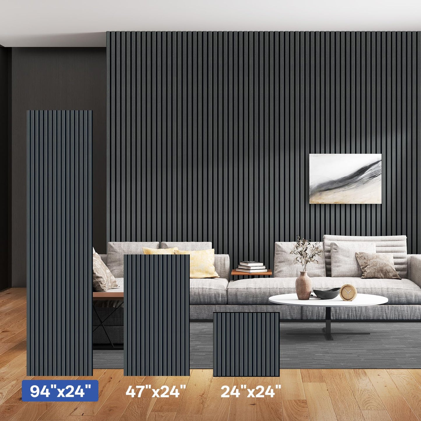 PIWA Wood Acoustic Slat Panels,94 x 24 in,2-Pack-12mm MDF Surface with 9mm Sound-Absorbing Core-Dual-Layer Acoustic Wall Panels for Echo Reduction in Home Studio,Office & Living Room-Matte Black