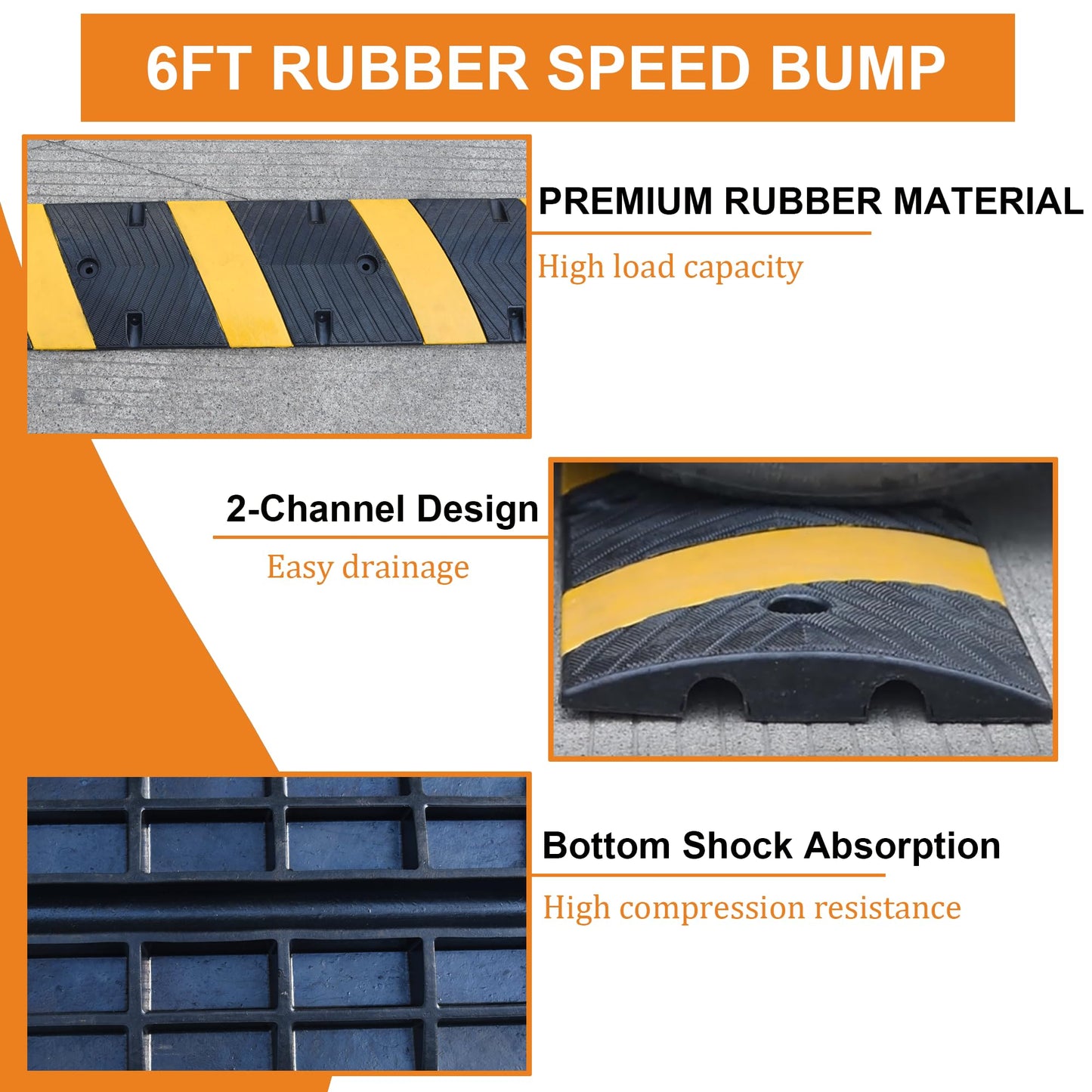 Orangestar 2-Pack 6Ft Rubber Speed Bump, 2 Channel Heavy Duty Speed Hump Cable Protector Ramp w/8 Bolts for Asphalt Concrete Driveway Gravel 72x11.8x1.8 inch(L x W x H)