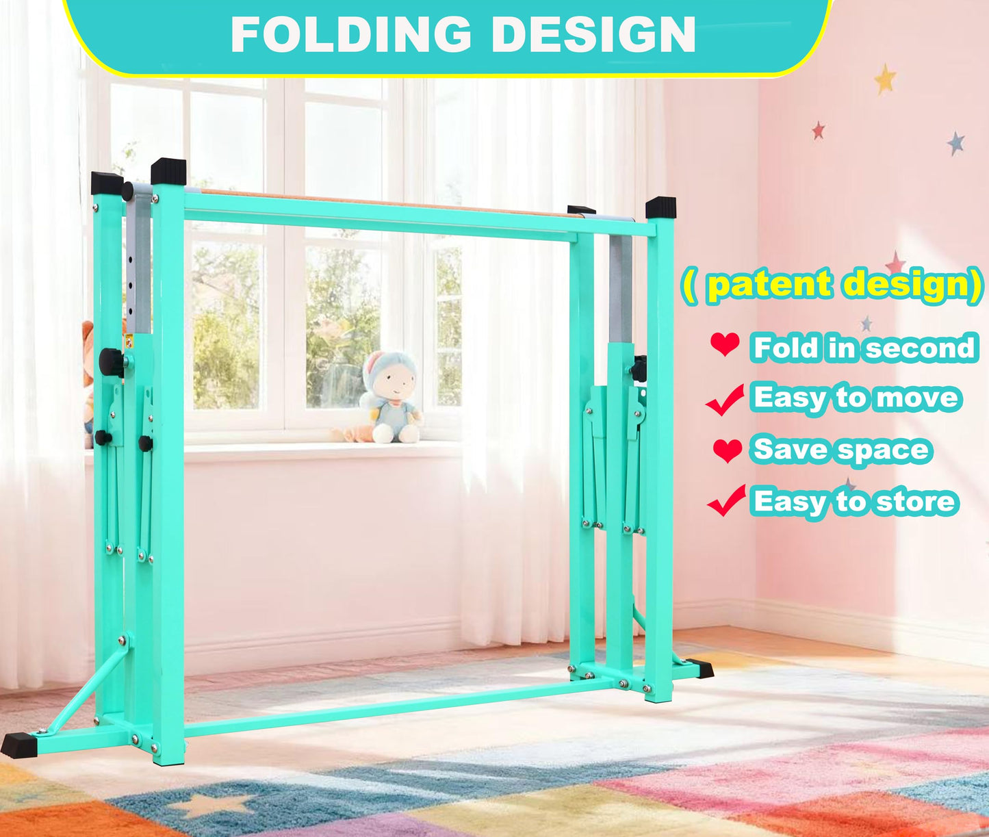 MARFULA Fold Gymnastic Bar for Kids and Teenage Ages 3-20, 350 lbs Weight Capacity, 5 Ft Gymnastic Kip Bar Horizontal Bar for Gymnast, Gymnastic Training Equipment for Home and Gymnastic Center Use