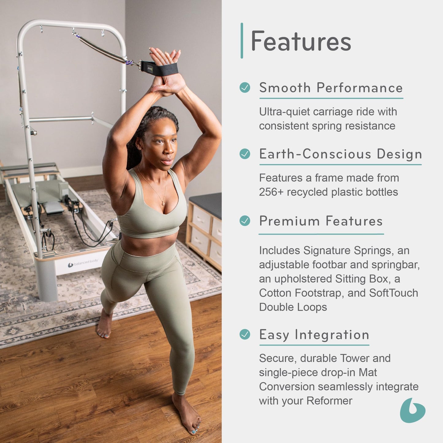 Balanced Body Bravo Reformer with Tower and Mat, Pilates Apparatus for Studio and Home Workouts, Dove