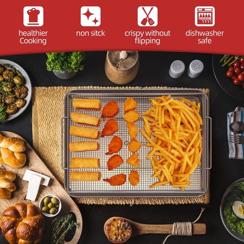 Geesta Air Fryer Basket - Extra Large 16.5” x 12.5” Stainless Steel Crisper Tray with 50 Recipes | Oven Accessories for Crispy Foods