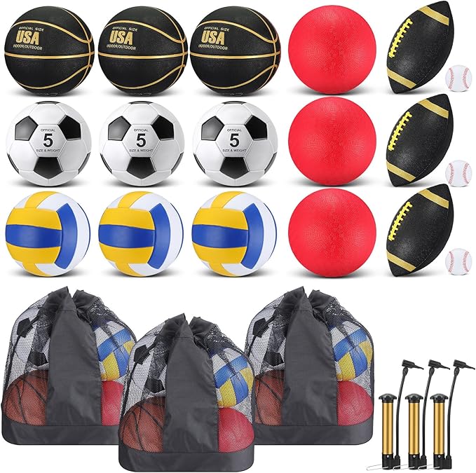 Leyndo 18 Pcs Sport Balls Bulk Set Basketball Football Volleyball Soccer Playground Baseball with Sport Equipment Bag Pump for Outdoor Indoor Practice Gift