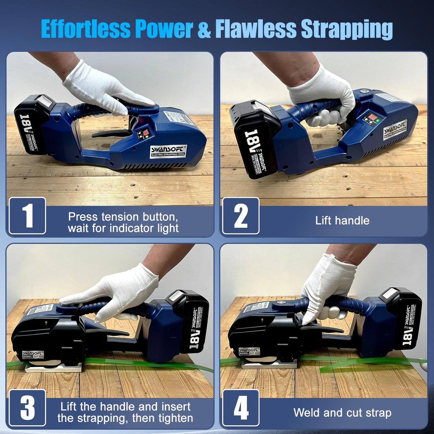 SWANSOFT Electric Strapping Machine,2500N Adjustable Tension,1/2-5/8 inch PP PET Strapping Tool,Semi Automatic Banding Tool with 2 x 5000mAh Batteries for Warehouse & Logistics Packaging Pallet Carton