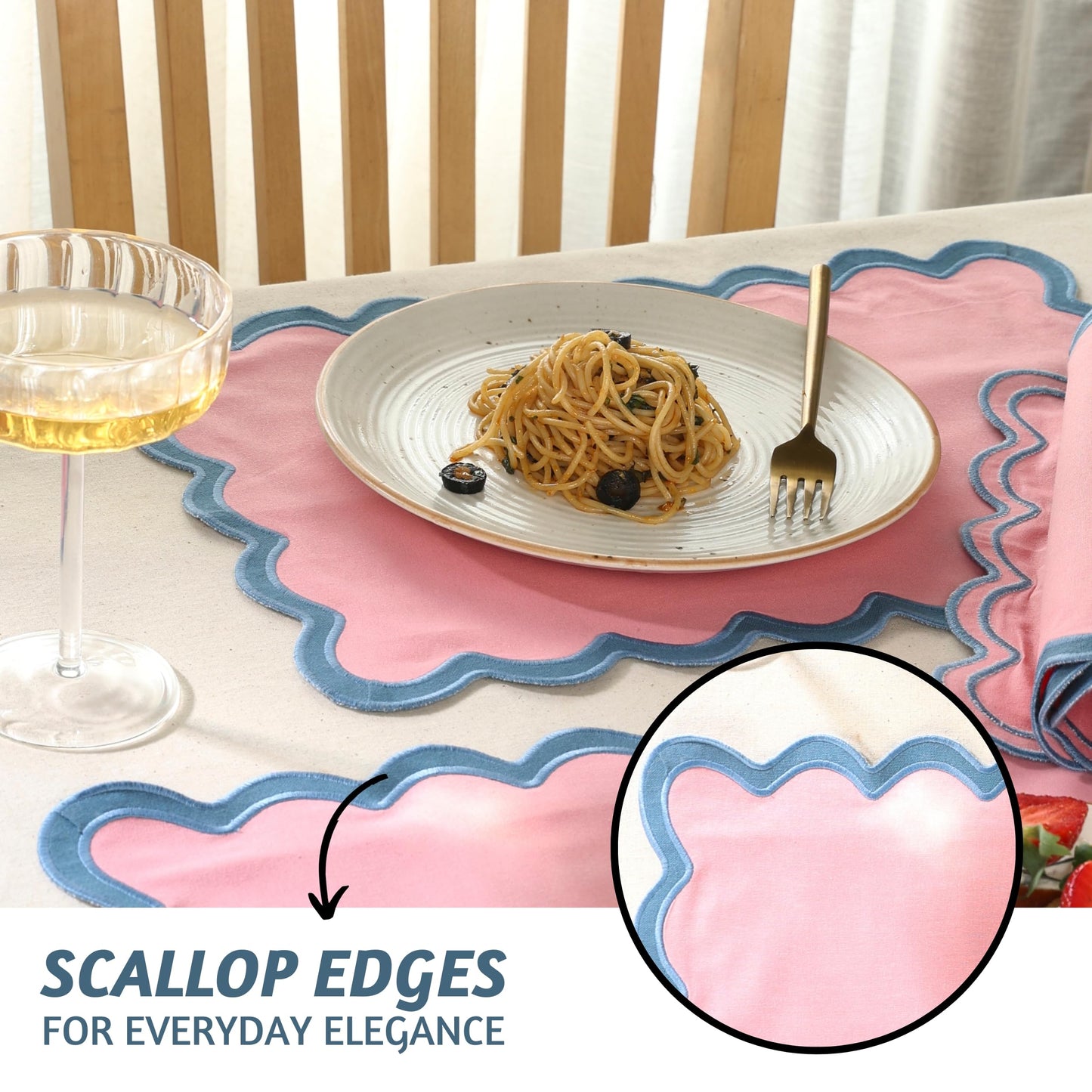 Folkulture Placemats Set of 4 (13 x 19) | 100% Cotton, Cute, Heat Resistant,Machine Washable Scalloped Place Mats | Pink Rectangular Cloth Table Placemats or Dining Table Mats for Dinner Party