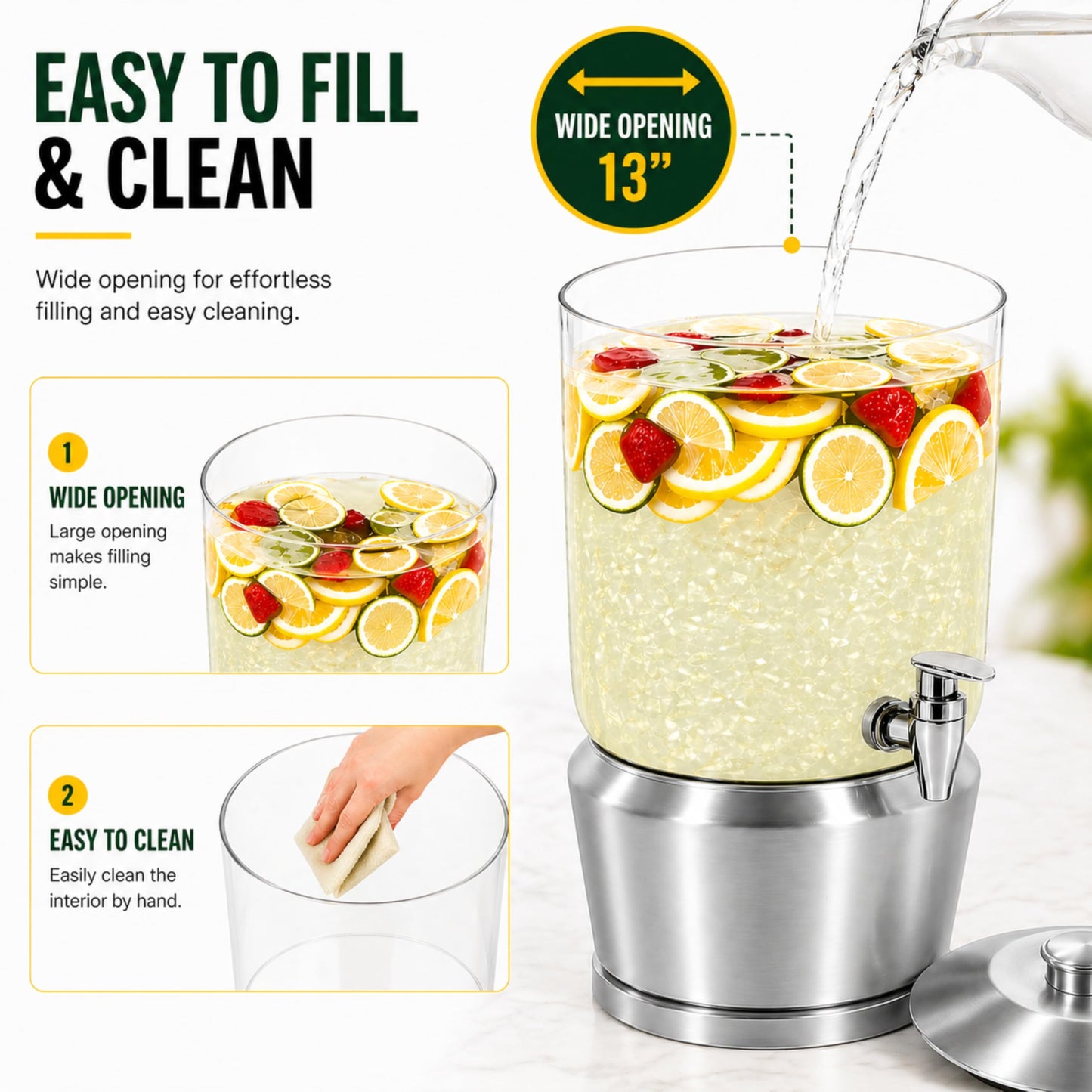 Drink Dispenser with Ice Chambers, Lemonade Tea Water Dispenser with Spigot, Stainless Steel Beverage Jar Jug, Perfect for Home Parties, Weddings, Gifts & Events (Silver, 3, Gallons)