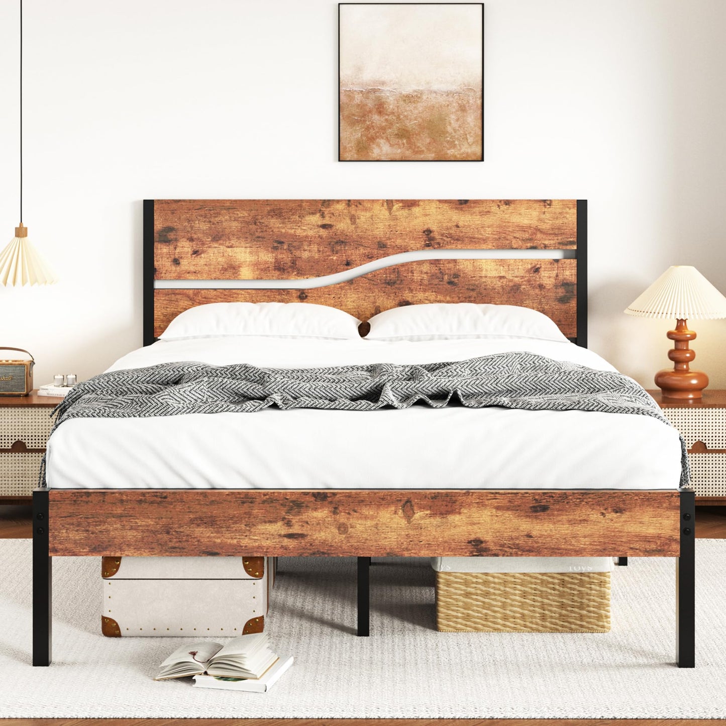 VECELO Queen Size Bed Frame with Wood Headboard, Heavy-Duty Metal Slats Support, Easy Assembly, No Box Spring Needed, Brown