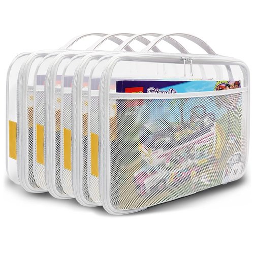Holay PVC Zippered Blocks Set - 4 Pack Toy & Clay Storage Organizer Case | Large White with Name Tag Pocket