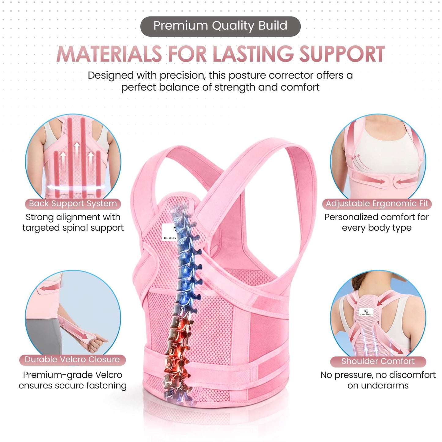 RUKHS SUPPLY Back Posture-Corrector for Men & Women - Back Brace & Adjustable Back Straightener for Shoulder, Upper Back Support & Pain Relief - Pink (Medium)