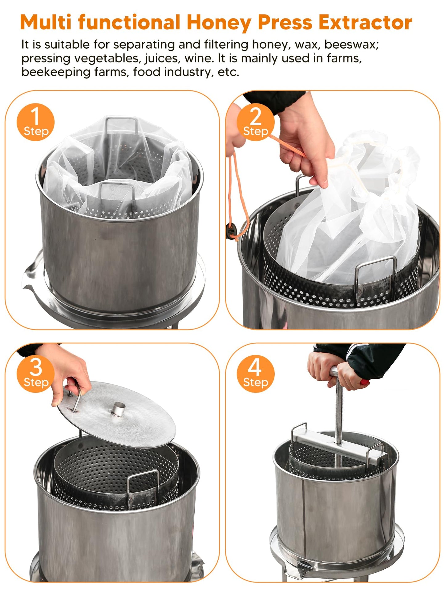 Duseu Honey Press Extractor Machine, Stainless Steel Honey Spinner Extractor Manual, Uncapping Needle Roller, 4 PCS Mesh Honey Strainer Bag, Honey Extraction Equipment for Wine Honey and Juice Making