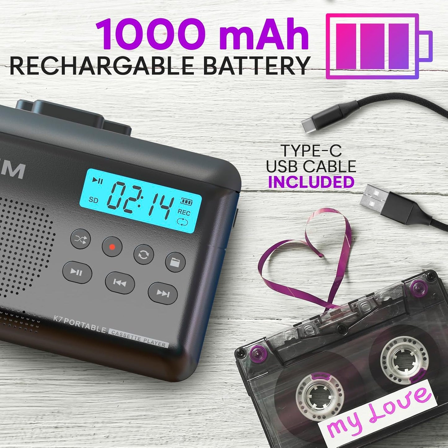 KLIM K7 Cassette Cassette MP3 16GB Tape Player - to Converter - Portable - Built-in Microphone & Speaker - Rechargeable
