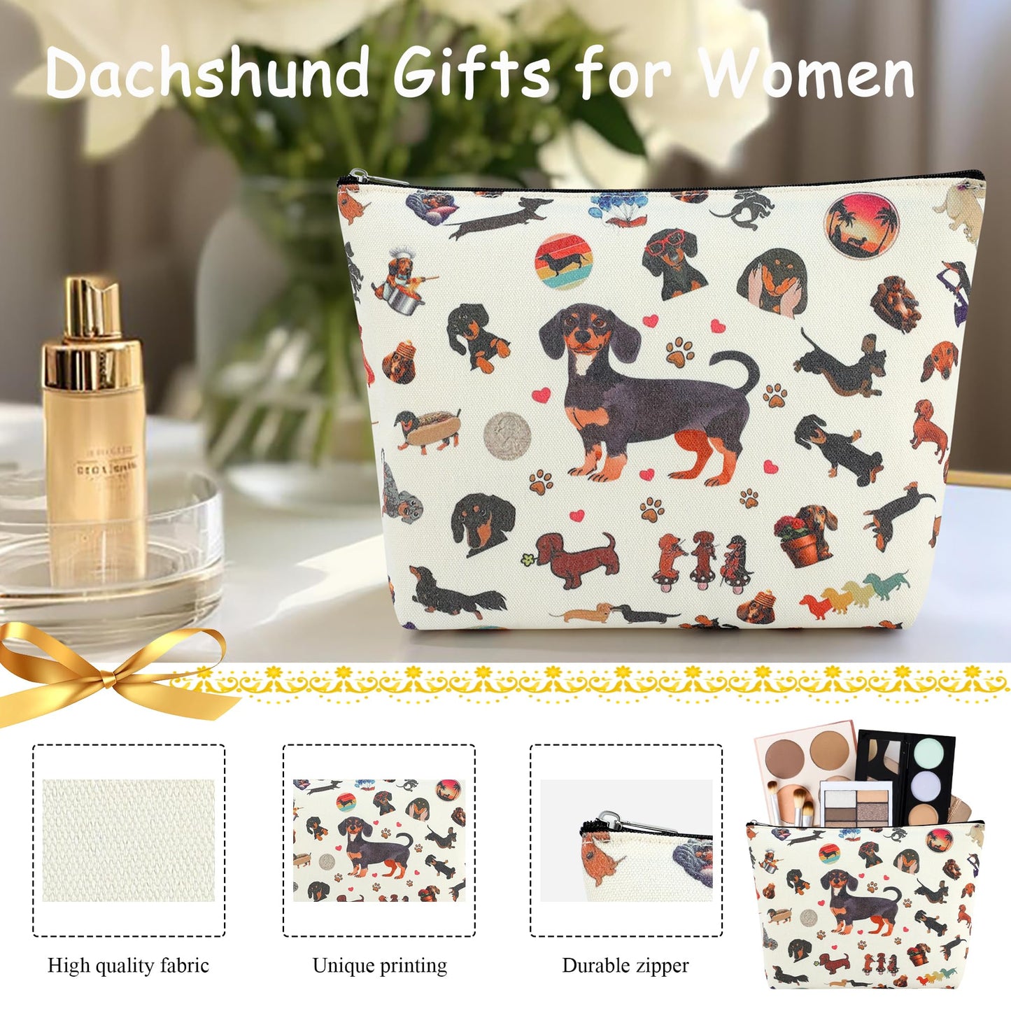 Dachshund Gifts for Women Dachshund Dog Lover Unique Gift Basket with Glass Cup Makeup Bag Headbands Novelty Socks for Dog Mom Funny Bag Birthday Gifts for New Puppy Owners