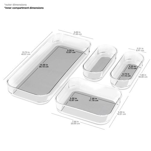 madesmart Premium 4 Piece Clear Bin Pack, Modular Storage Set for Office, Kitchen & Home, Soft Grip Lining & Non Slip Base, Grey