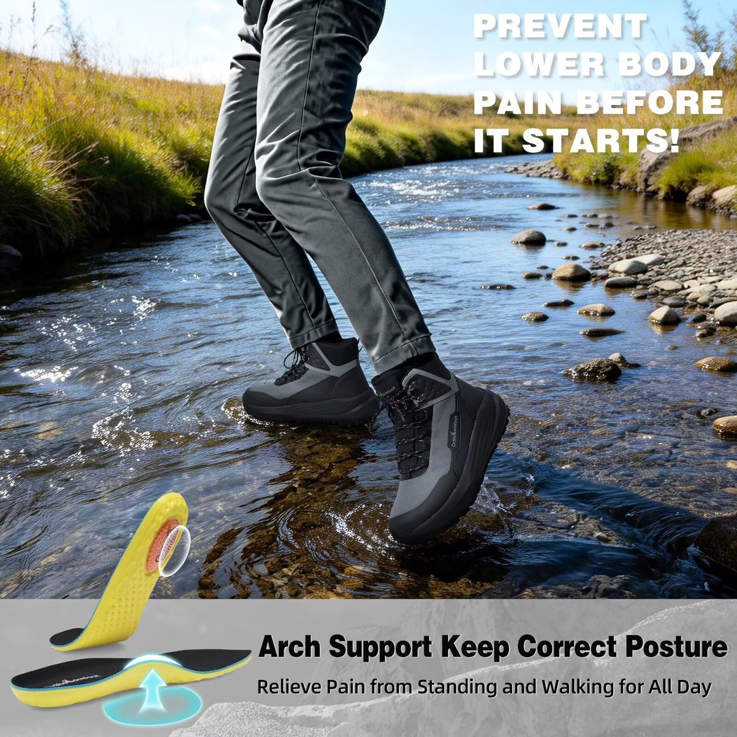 Men's Orthopedic Wide Hiking Boots: Comfortable Plantar Fasciitis Orthotic Arch Support Bunions Recovery Trail Sneakers, Leisure Gowalk Diabetic Stylish Standing Walking Shoes Black Size 11