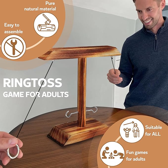 Ring Toss Game for Adults, Hook and Ring Game, Swinging String Hook & Ring Tabletop Battle Game, Outdoor & Indoor Game, Patio Décor Party Bar Game, Wooden Ring & Hook Game, Fun Games for Adults