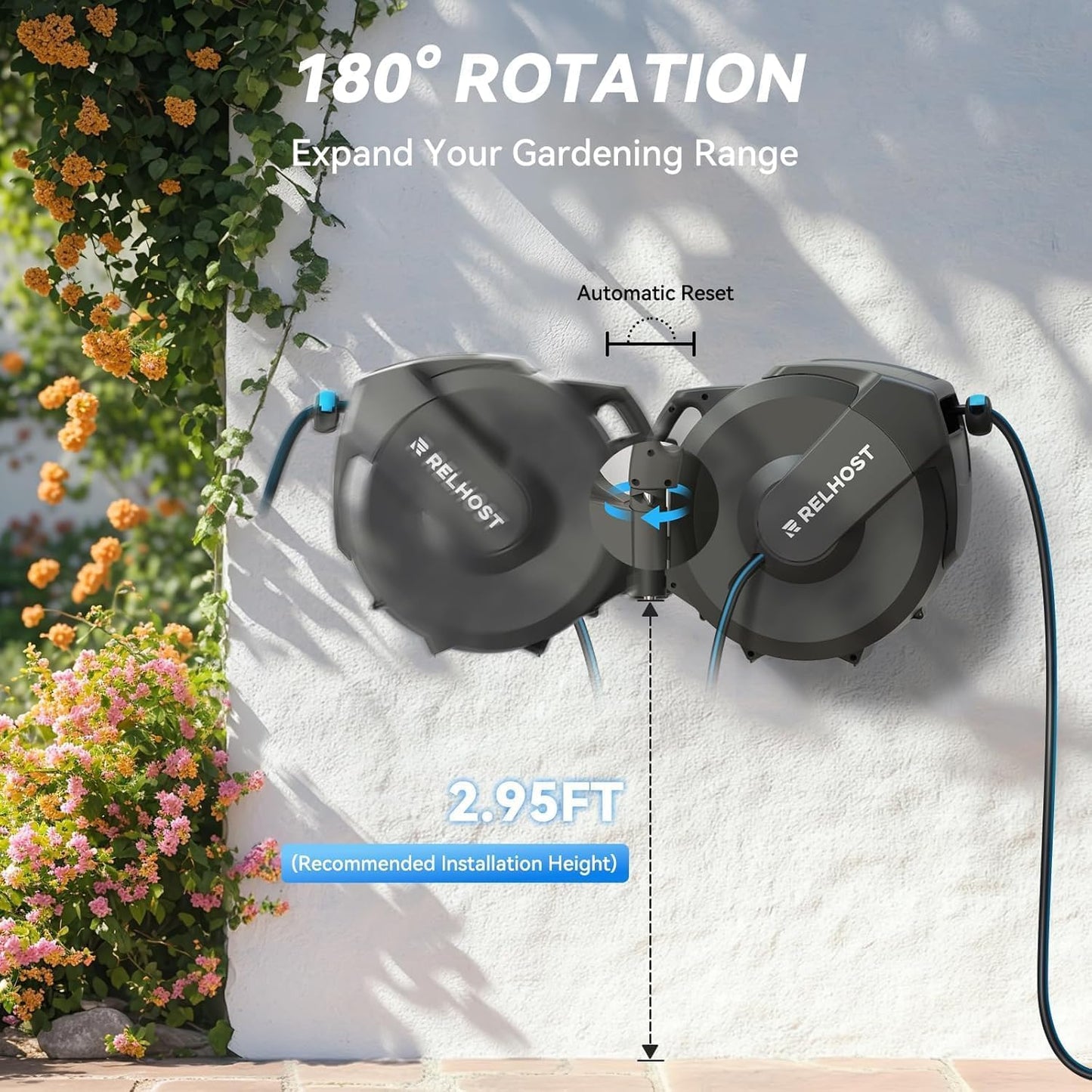 Relhost Retractable Garden Hose Reel, 5/8 in x 100 ft Wall Mount Heavy Duty Hose Reel with Any-Length Lock, Auto Rewind System, 180° Swivel Bracket, and 10-Pattern Nozzle for Garden, Dark Grey