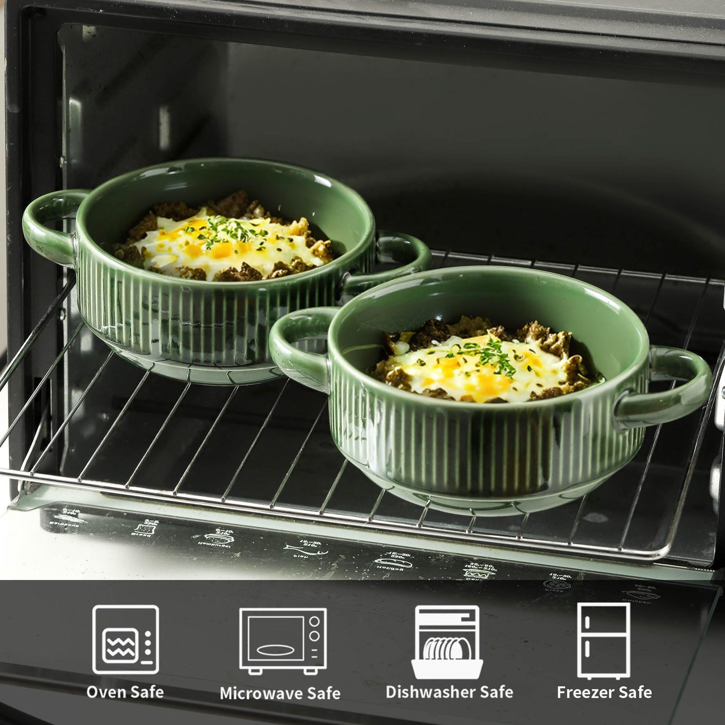 Howise Soup Bowls with Handles, 23 oz French Onion Soup Crocks, Stackable Soup Bowl Oven Safe for Chili, Beef Stew, Embossment Ceramic Bowl Set - 5.4 Inch, Set of 4 (Green)