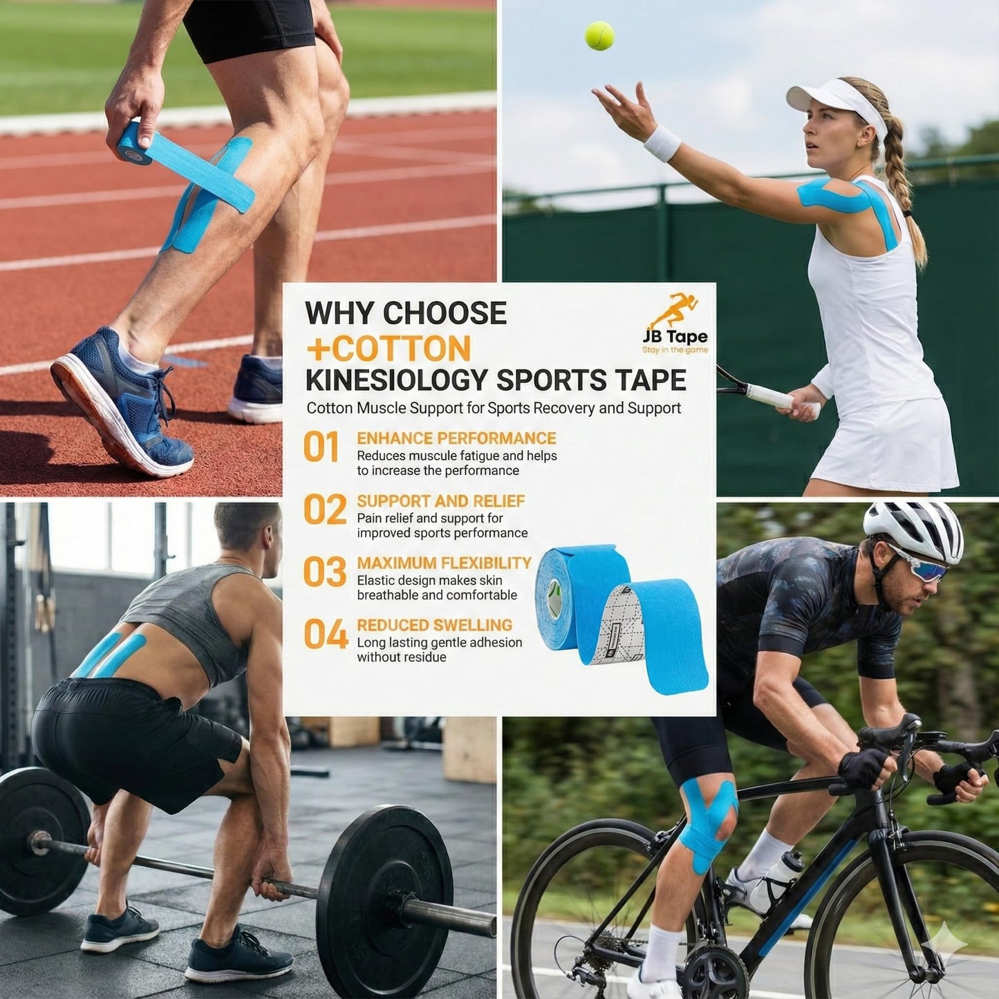 JB Tape Kinesiology Tape – 80 Precut 10-Inch Strips – Blue – Elastic, Latex-Free, Water Resistant – Athletic Muscle & Joint Support – 4 Rolls