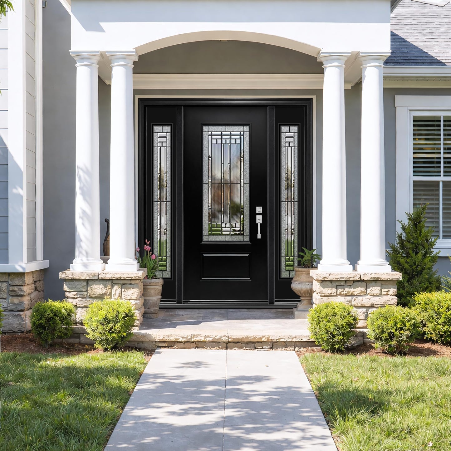 Fiberglass Front Door with Double Sidelights - 68" x 80", Single Exterior Entry Door with Decorative Glass and 14in Sidelights, Left Hand Inswing, Black Knock-Down Door, Brickmould and Jamb Included