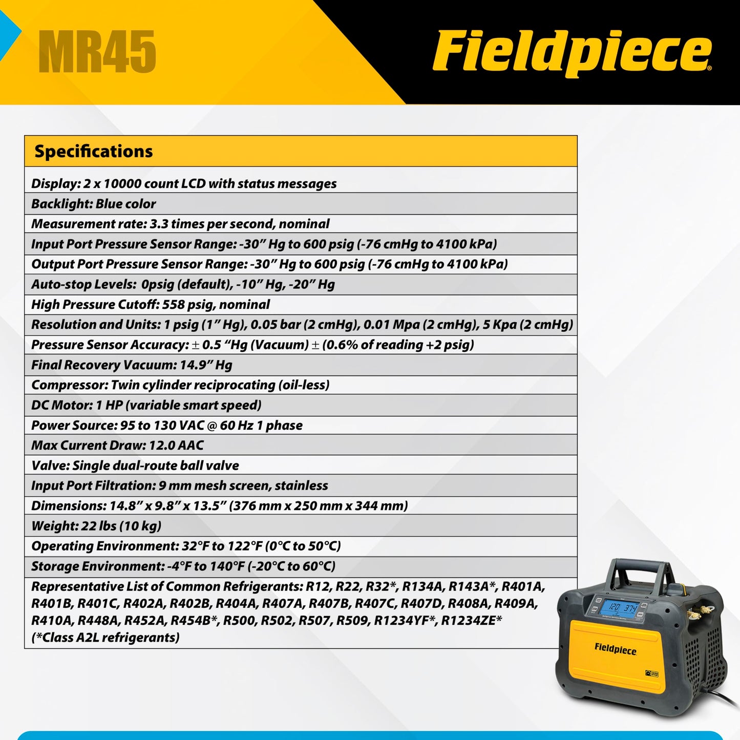 Fieldpiece - MR45 Lightweight Digital Refrigerant Recovery Machine - Wide Operating Voltage with Easy Access Ports - A2L Compatible