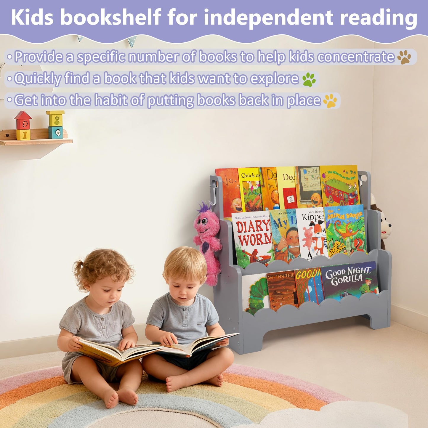 Tohiasen Kids Bookshelf Wooden 3-Tier, Scalloped Book Shelf for Kids Rooms, Front Facing Toddler Montessori Bookshelf, Baby Nursery Book Shelves Kid Classroom Book Shelf Bookcase