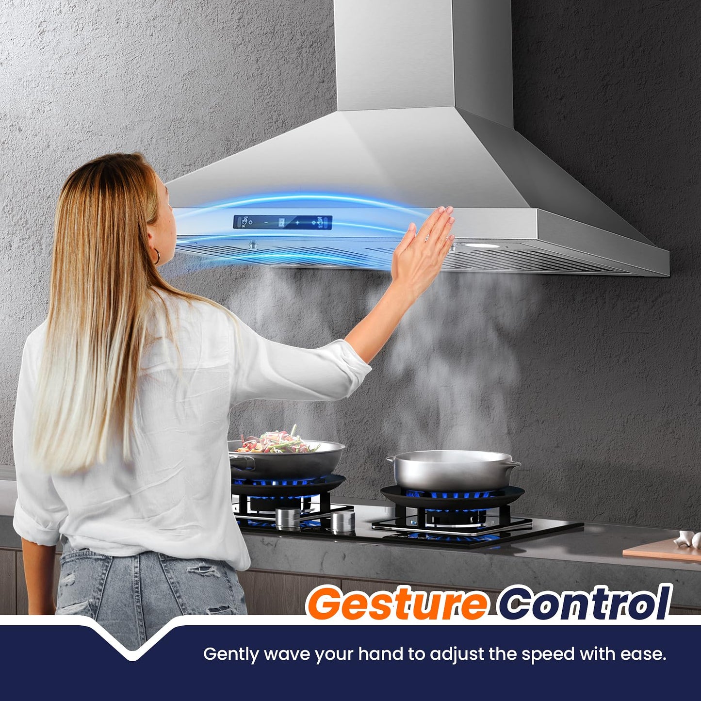 Wall Mount Range Hood 30 inch, 800 CFM Kitchen Hood Stainless Steel Stove Vent Hood with Gesture Sensing & Touch Control, Ducted/Ductless Convertible Duct, 3-Speed Fan, LED Lights, Baffle Filters