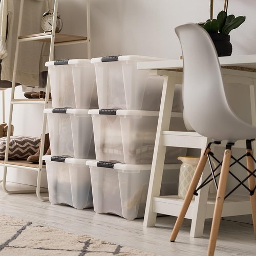 IRIS USA 32 Qt Stackable Storage Bins - BPA-Free, Durable Lids & Secure Handles - 6 Pack in Pearl