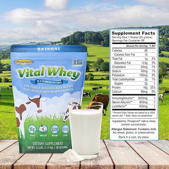 Grass-Fed Whey Protein Powder for Immune Vitality, Natural Flavor 2.5lbs (56 Servings), 15g Protein Per Serve, Vital Whey, Clean Holistic, Wellness Nutrition