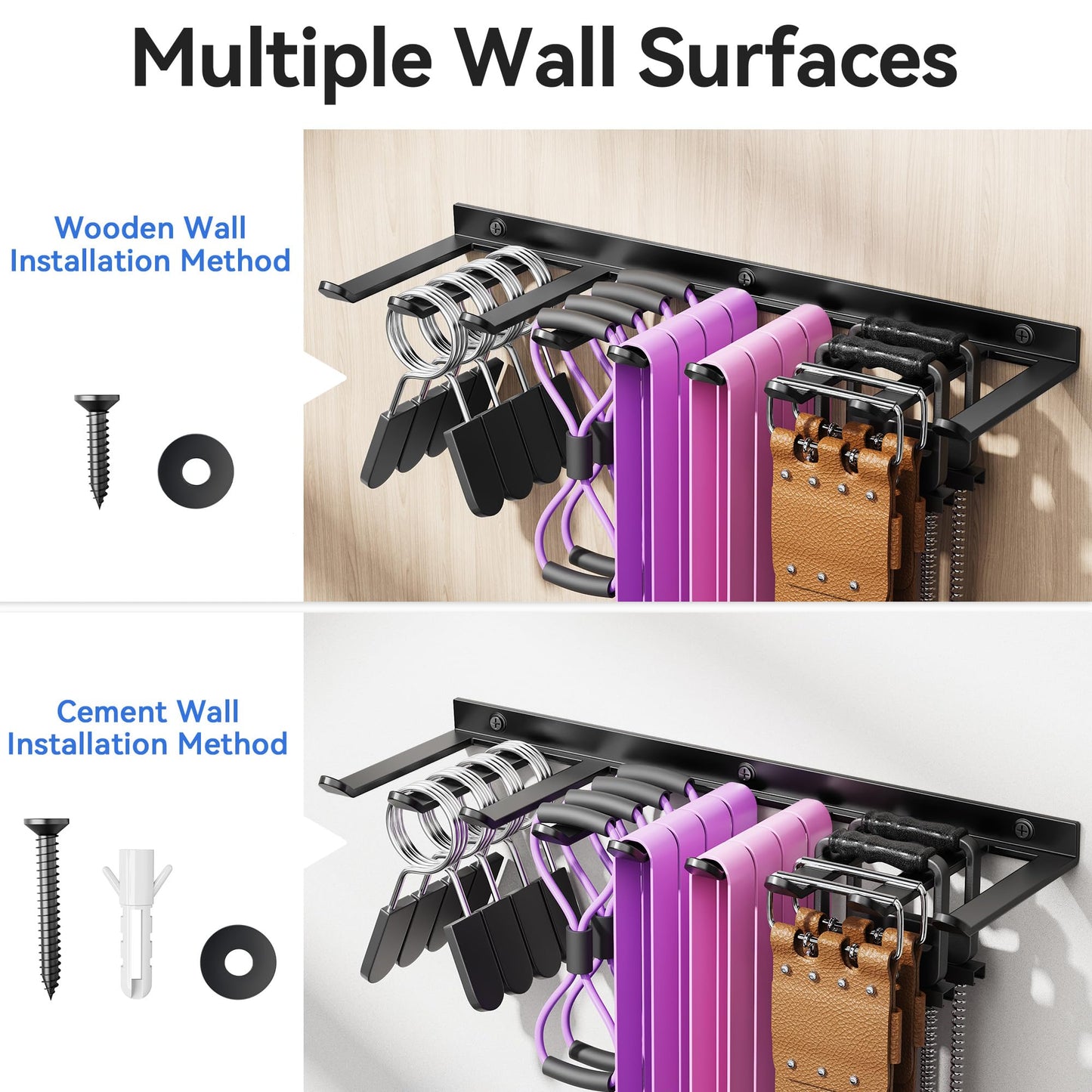 Wall Mounted Home Gym Equipment Storage Rack for Resistance Bands, Cable Attachments, Lifting Belts, Jump Ropes and Chains