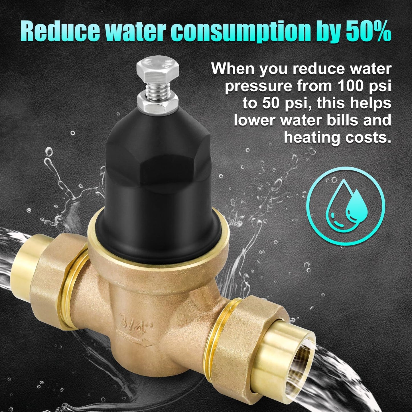 NR3XLDU 3/4" Brass Pressure Reducing Valve With Double Union FNPT Connection, Built-In Stainless Steel Filter, Primarily Used In Residential Settings And Public Entrances