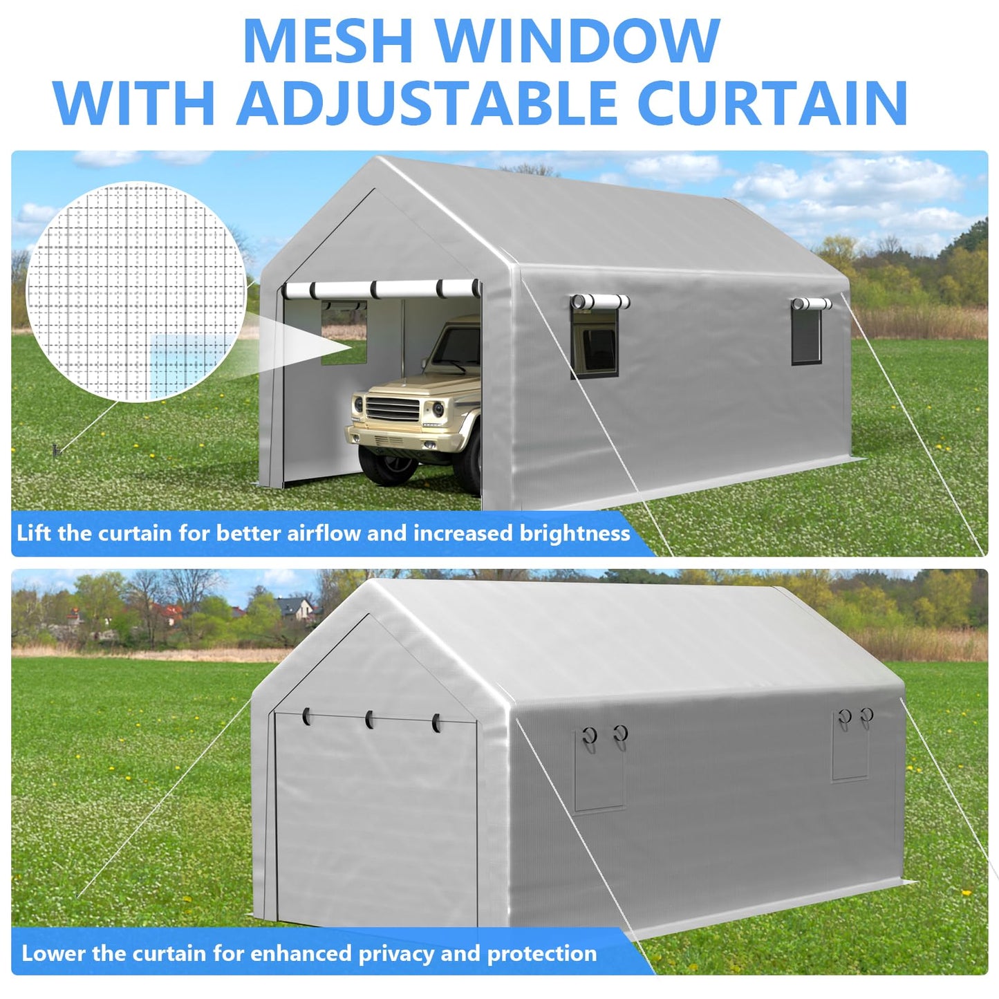 Jocoevol Carport 10x20 FT Enclosed Carport with Roll-up Windows, Portable Garage with Removable Sidewalls & Doors, Car Canopy Tent with Sandbags All-Season Tarp for Car Boat Truck Motorcycle