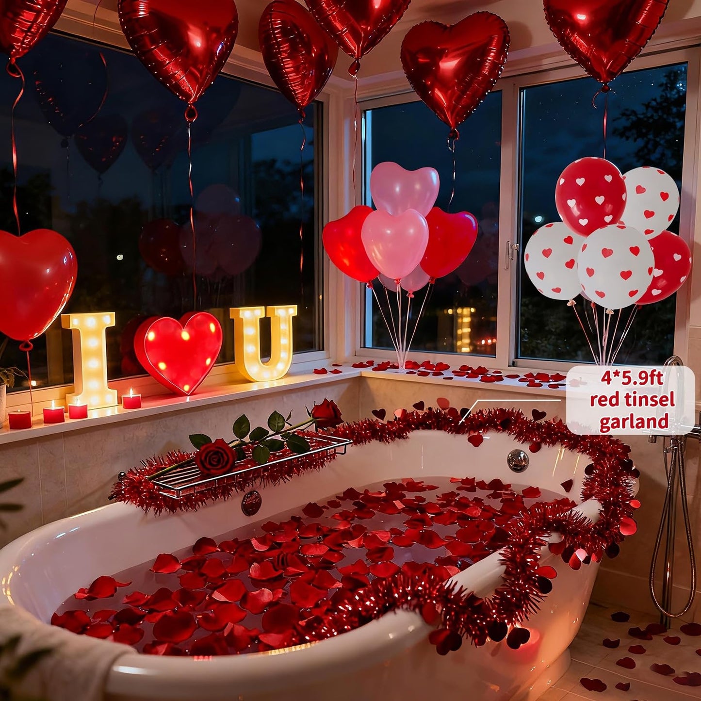 Ultimate Valentines Day Romantic Decorations Special Night for Bedroom with 33FT Lights,5000 Rose Petals and Candle Set for Hotel Room Home Decor,Valentine Anniversary I Love You Balloon&Letter Sign