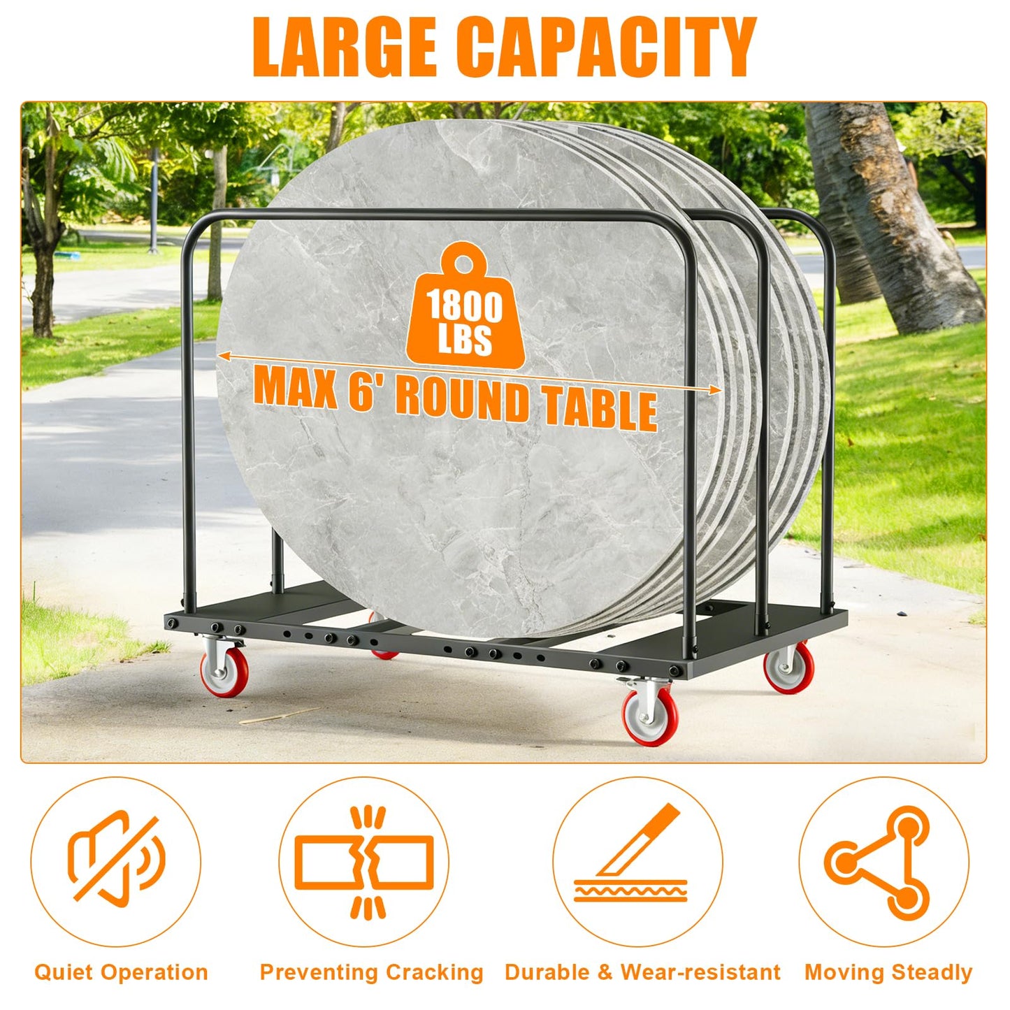 Heavy Duty Table Dolly w/ 5" PU Swivel Wheels | Drywall Dolly Cart w/ 1800 LBS & 10 Table Capacity | Folding Table Cart for Party Events, Hotel, Factory, Warehouse