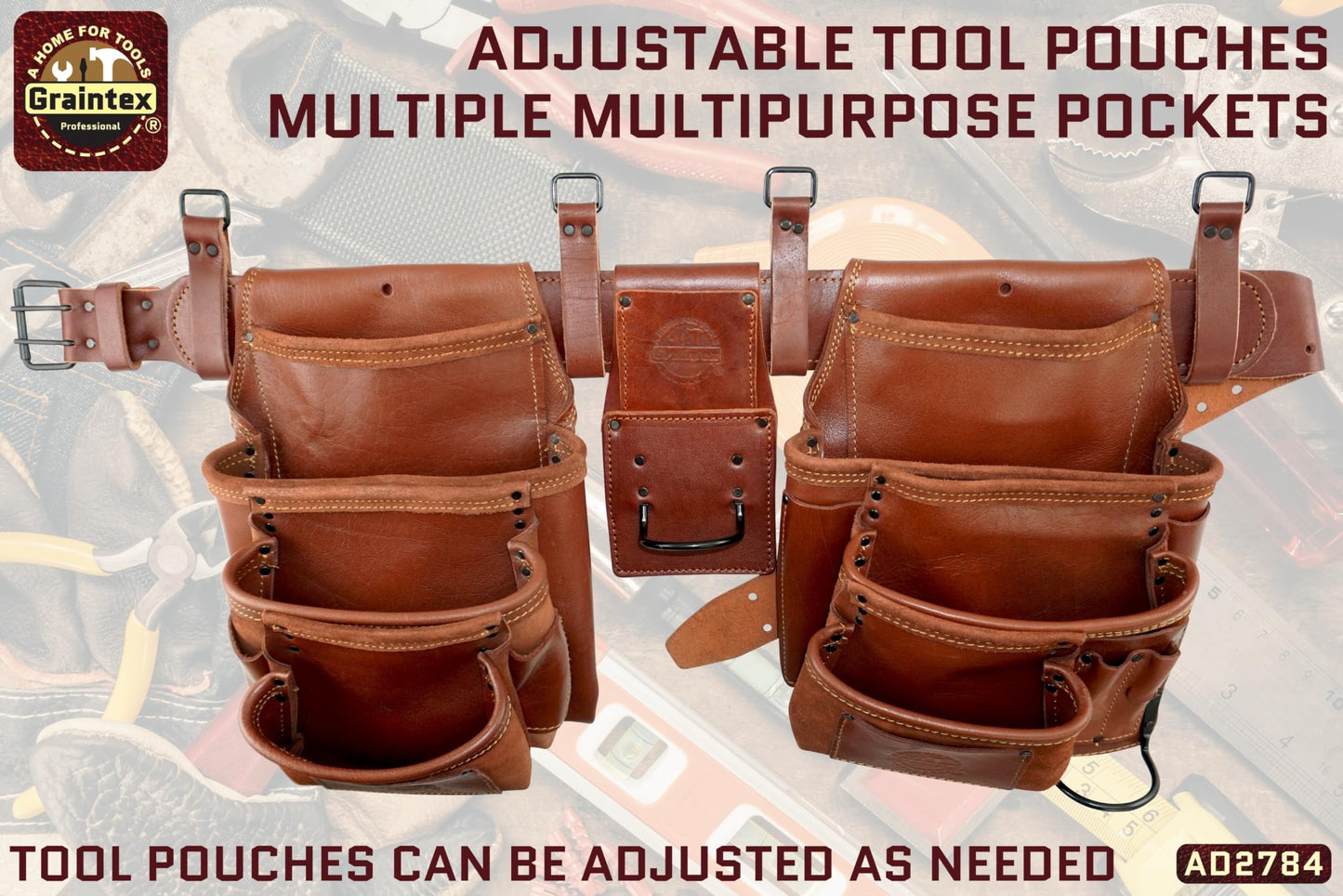 GRAINTEX AD2784 :: 4 Piece 17 Pocket Framer's Tool Belt Combo Ambassador Series Chestnut Brown Color Grain Leather