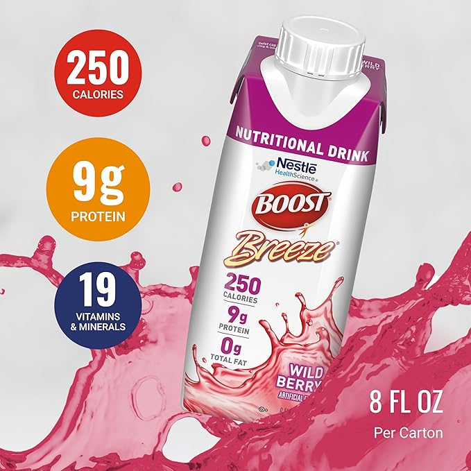 BOOST Breeze Clear Nutritional Drink - 250 Calories - 19 Vitamins & Minerals - 9 g Protein ??Fortified Clear Nutritional Drink with Vitamin A & Zinc - Wild Berry Flavor - 8 fl oz (Pack of 24)