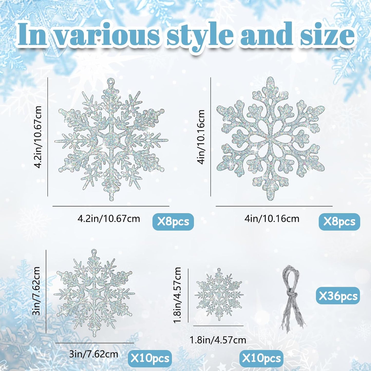 Skiennix 36-Piece Iridescent Silver Christmas Snowflake Ornaments - Sparkling Glitter Decor for Holiday Home & Winter Parties