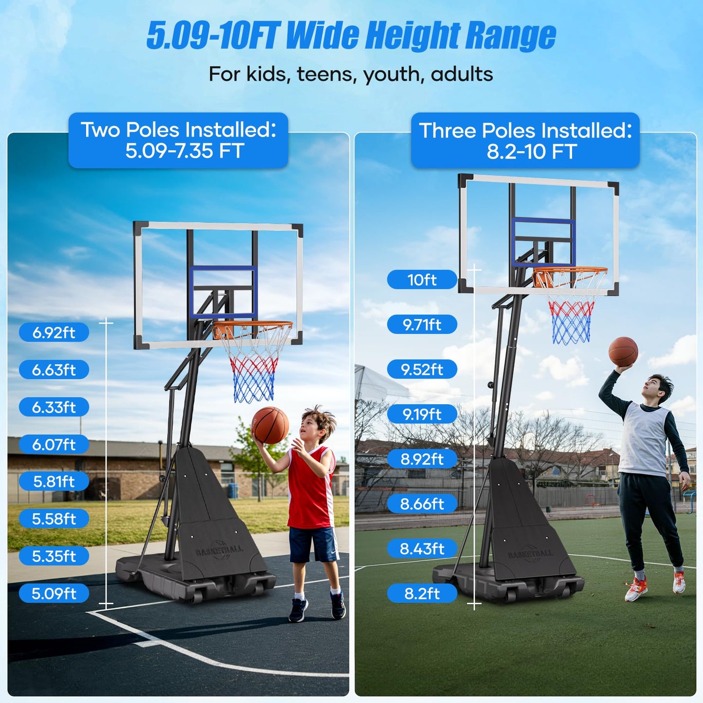 Asbest Basketball Hoop Outdoor with 44" Shatterproof Backboard, 5.09-10FT Adjustable Basketball Goal System, Portable Hoop with Wheels & Easy Adjustment for Driveway, Backyard, Court (Blue)