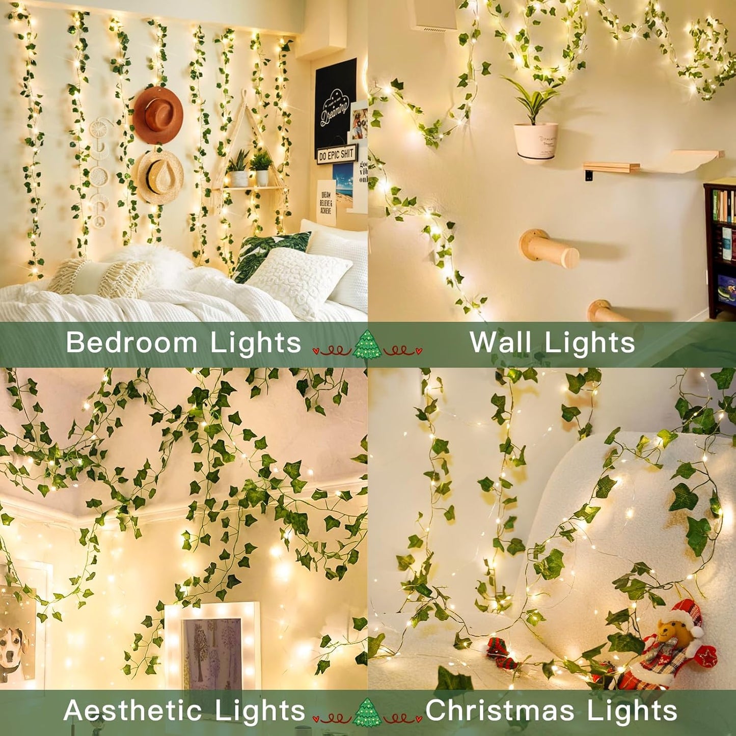 Suddus Ivy String Lights - 33ft 100 LED Battery Operated Fairy Lights with Remote | Warm White for Bedroom, Garden, Party Decor