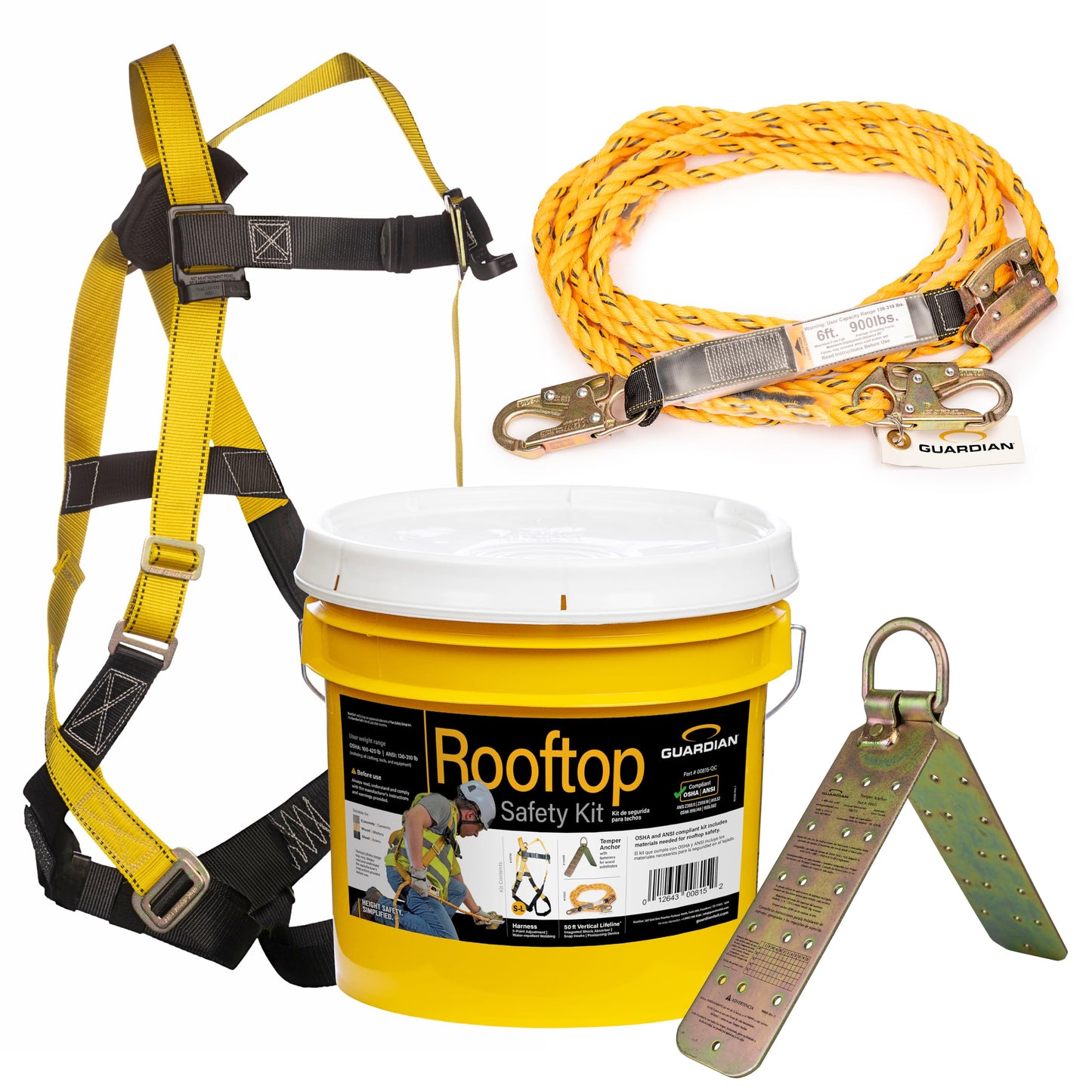 Guardian 00815 Rooftop Safety Kit - 50 ft Vertical Lifeline Assembly | Reusable Temper Anchor | Full Body Harness | Yellow Storage Bucket