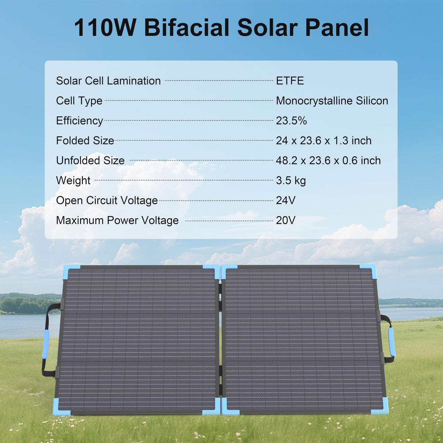 E-POWO 110W Bifacial Portable Solar Panel Suitcase, 23.5% High Efficiency ETFE Foldable Solar Charger for Power Station,IP68 Waterproof 2 Reinforced Kickstands for RV Camping Off-Grid Blackouts