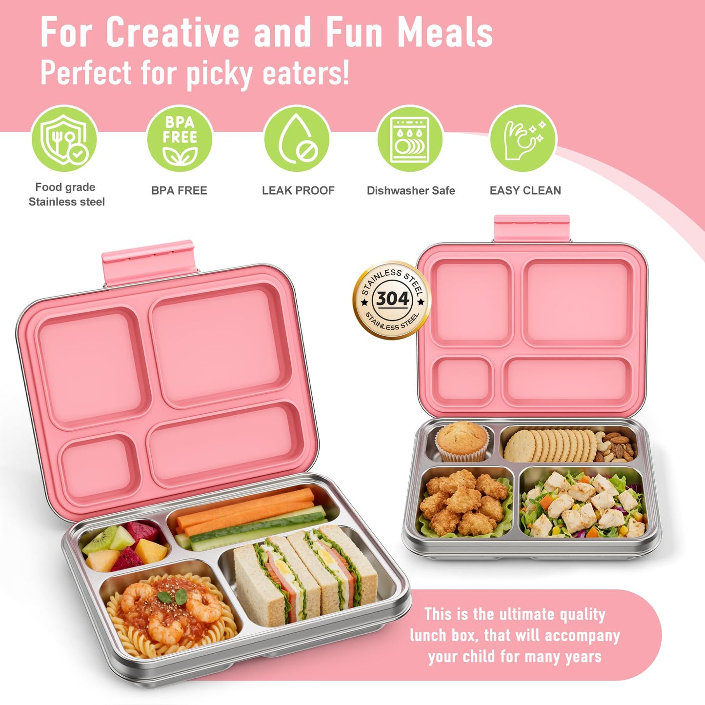 BABHAMNESS Stainless Steel Kids Bento Lunch Box, 4-Compartments with Silicone Container, Dishwasher-Safe, Child-Friendly Design for School and Travel,BPA-Free(Pink)