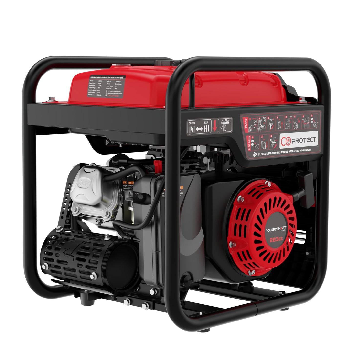 PowerSmart 4500W Portable Inverter Generator, 3800W Rated Super Quiet Gas Powered Engine with CO Alarm, Parallel Ready, 223cc, Clean Power for Sensitive Electronics, RV Ready & Emergency Home Backup