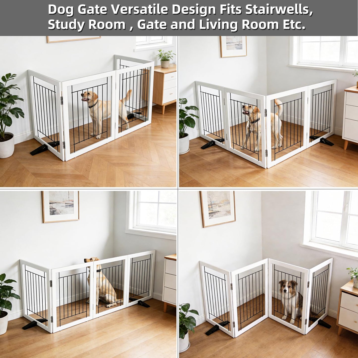 ZJSF Freestanding Dog Gate Indoor, Foldable Dog Fence for Doorways,Hallways or Stairs, Sturdy Wood Extra Wide Pet Gate with Support Feet,White,24 "Height-4 Panels