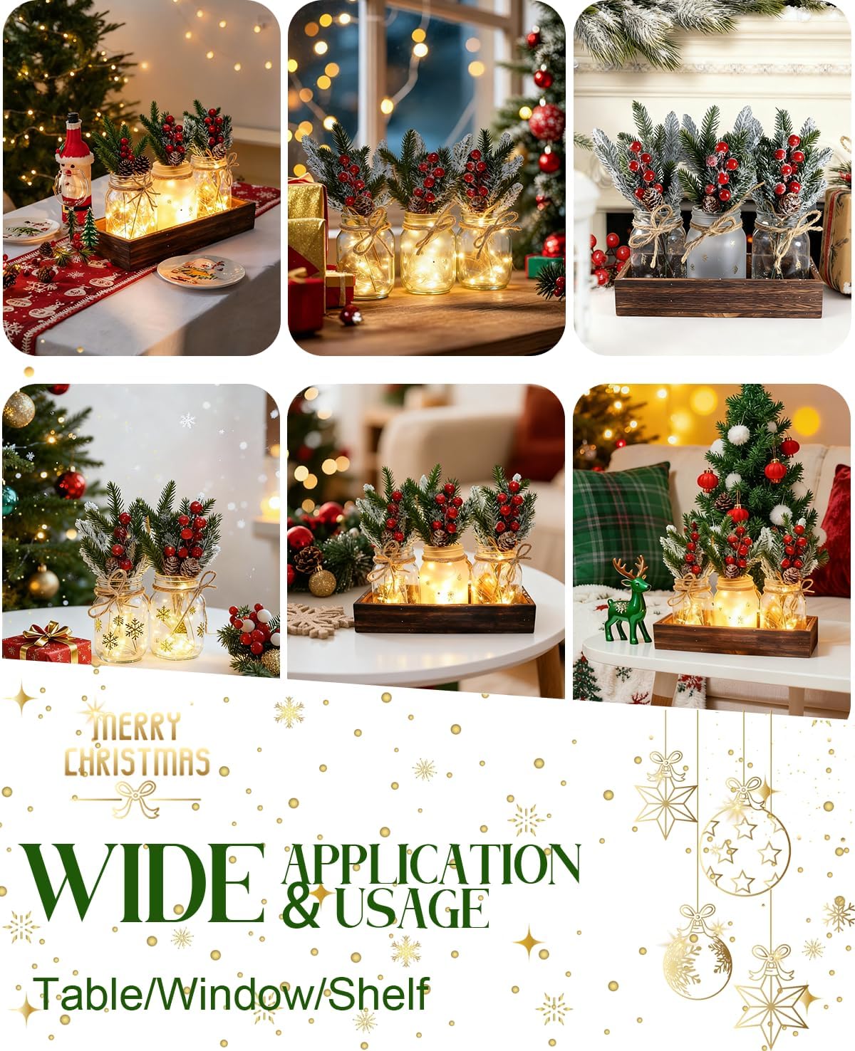 Skiennix Christmas Mason Jars - Decorative Tiered Tray with Wood Tray & Artificial Flowers | Holiday Centerpiece Decor