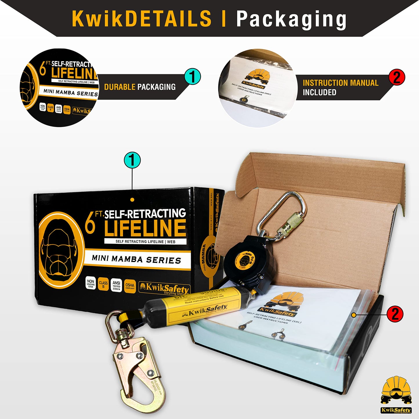 KwikSafety - 6' mini Mamba Self Retracting Lifeline [NO Tangle Web] Class 1 Retractable Safety Lanyard SRL ANSI OSHA