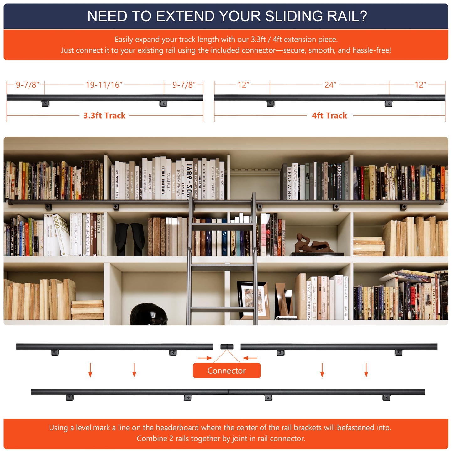 HARDJULAN 87" Telescopic Sliding Library Ladder with Handrail – Lightweight Aluminum Rolling Ladder with Braking Wheels, 4FT Hook Ladder Track Kit for Home, Loft, and Bookshelves