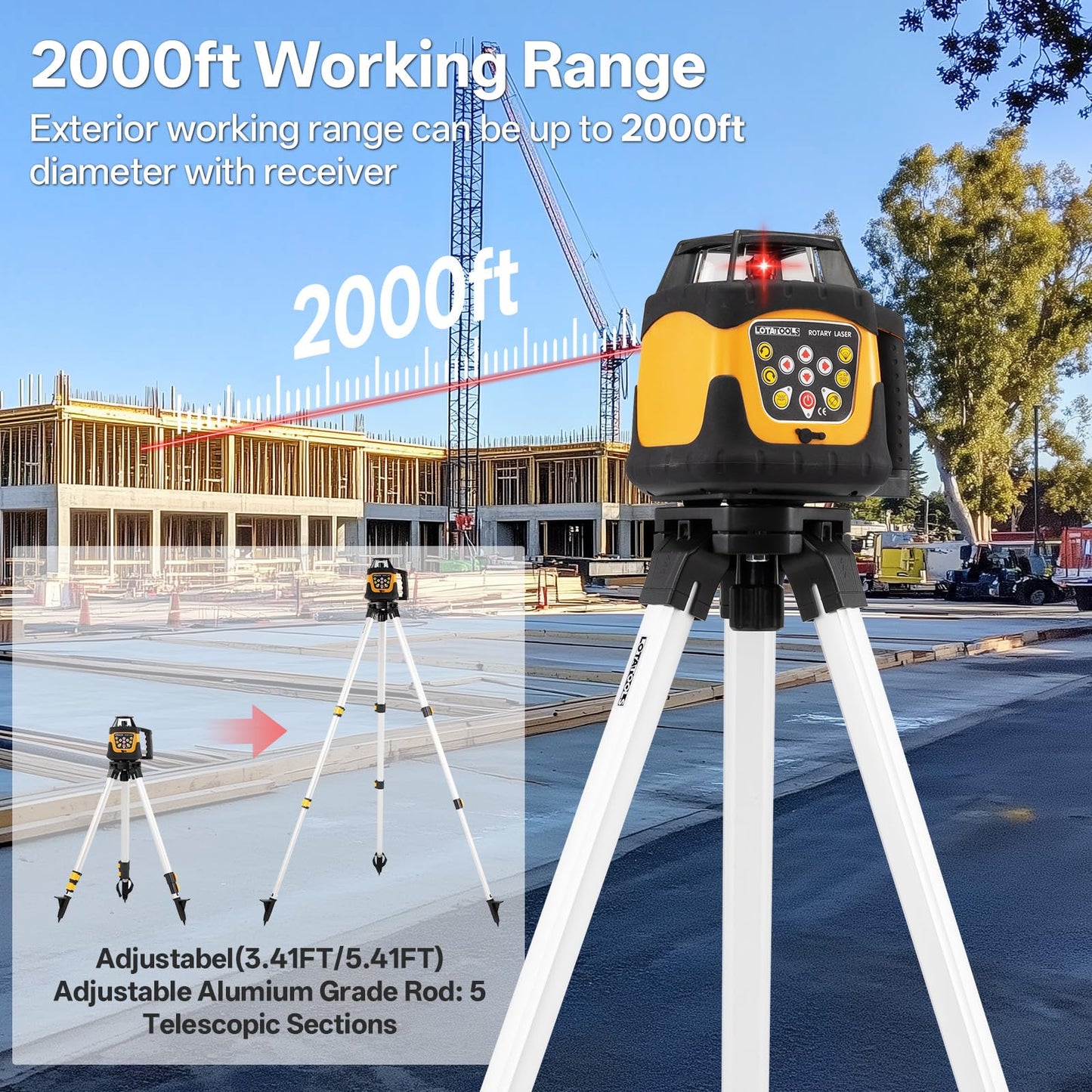 LotaTools Self-Leveling Rotary Laser Level Kit, Class II ≤ 5 mW Red Laser, 2000 ft Range with Receiver, ±1/8" Accuracy at 100 ft, IP66 Waterproof, Includes Tripod & Grade Rod