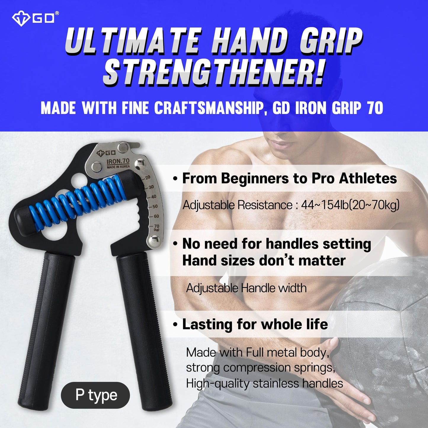 GD IRON GRIP 70(P) Adjustable Hand Grip Strengthener, 44~154lbs Grip Strength Trainer Premium Forearm Strengthener Hand Gripper for Grip Strength