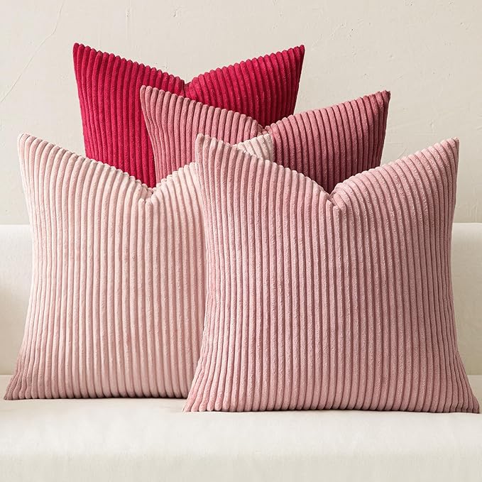 MIULEE Boho Farmhouse Throw Pillow Covers 20x20 Inch Set of 4 Romantic Decorative Cushion Covers Spring Corduroy Home Decor for Feminine Valentines Couch Bed Sofa Living Room Aesthetic Pink